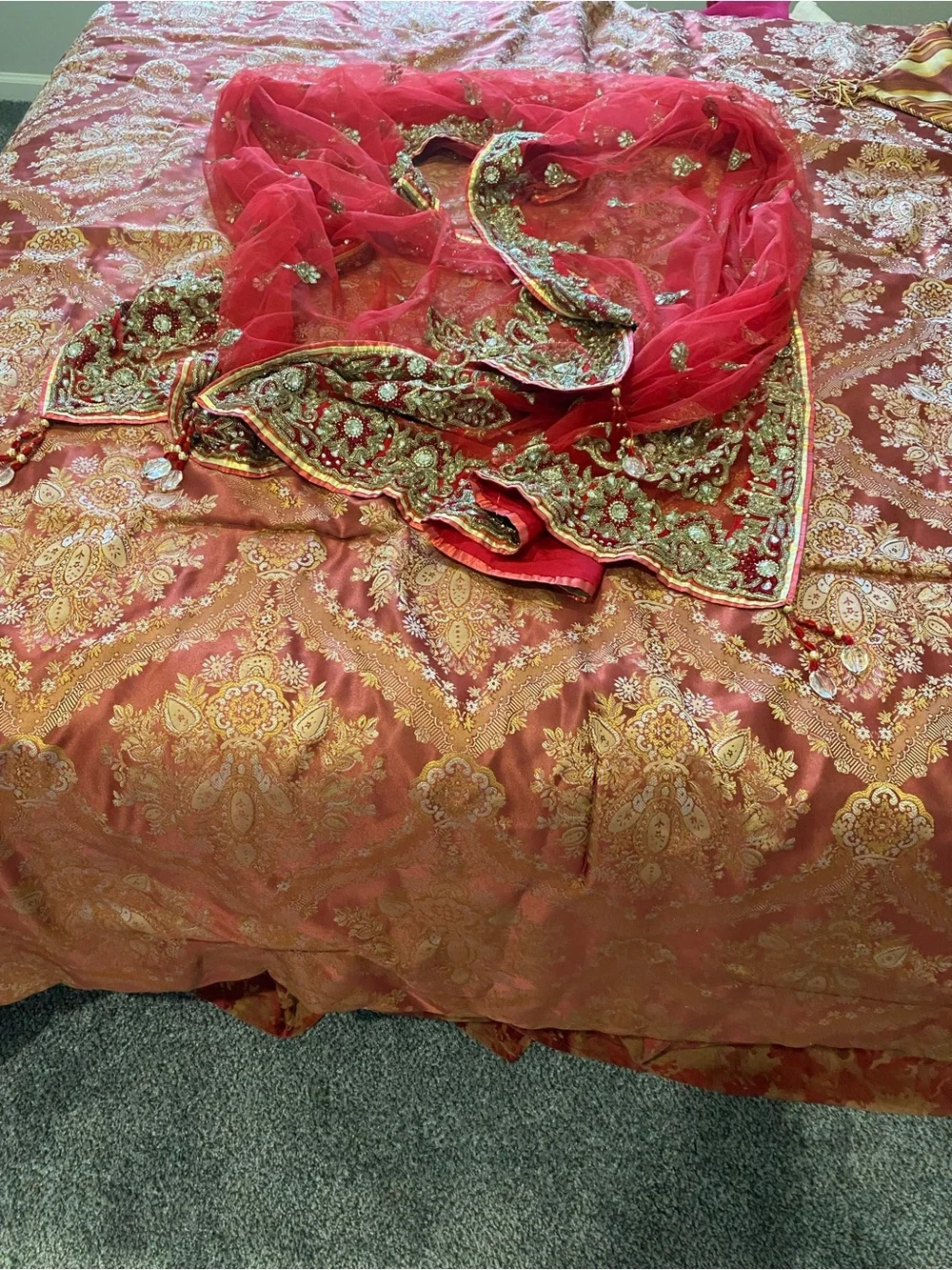 Bridal Red Embellished Sheer Scarf with Gold Accents